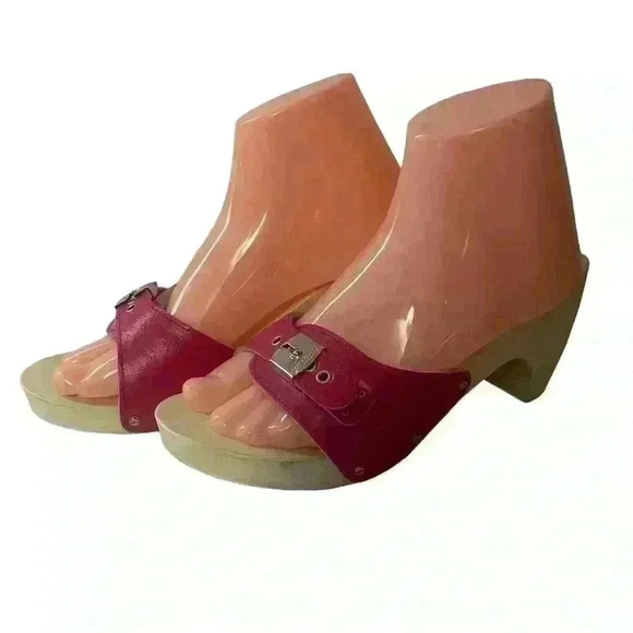 Vtg Dr Scholls Origina Womens Wooden Heeled Clogs Sandals Shoes Pink Italy Sz 9 - Picture 1 of 12